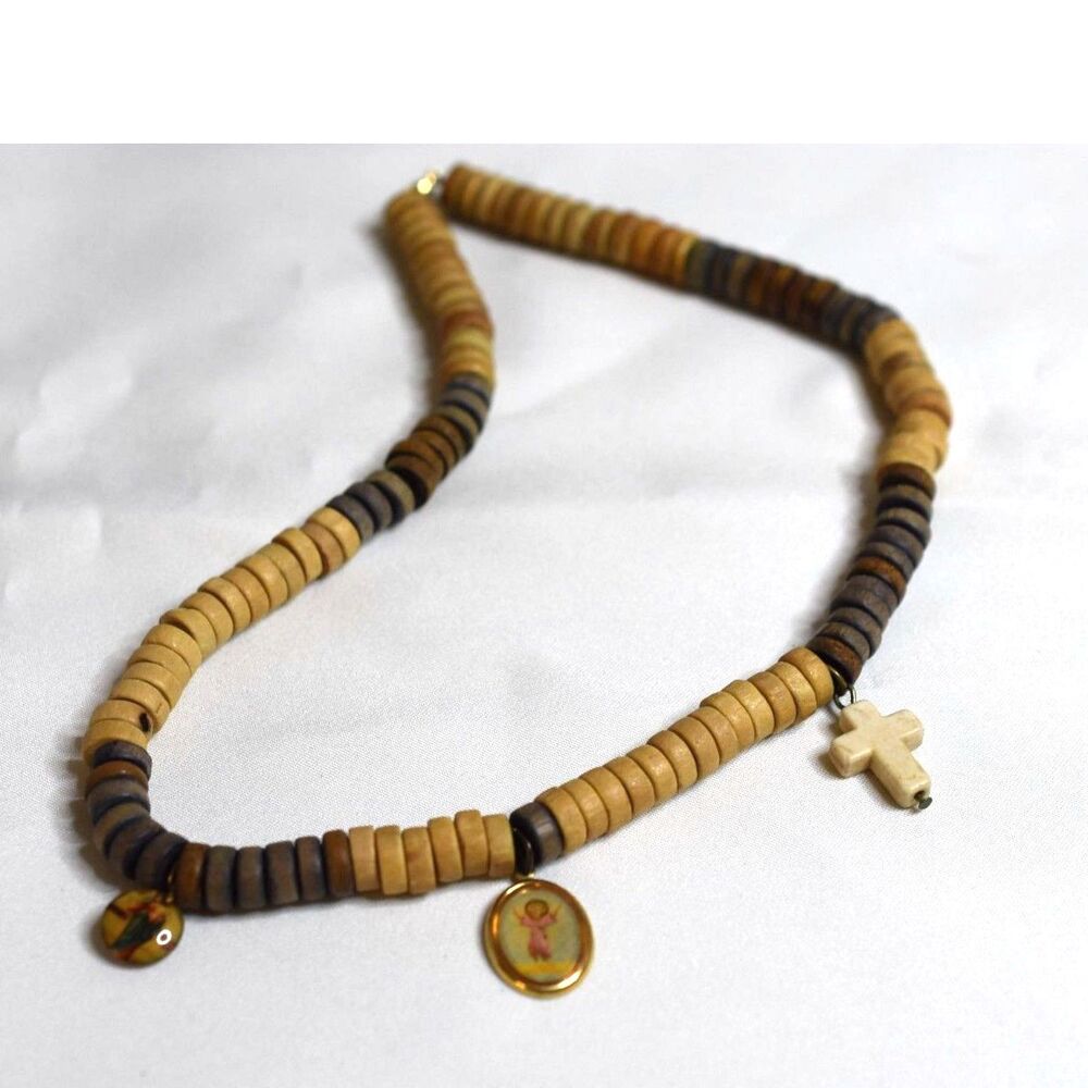 Vtg Religious Multi Color Coconut Shell Beads w/Charms 16" Unisex Necklace